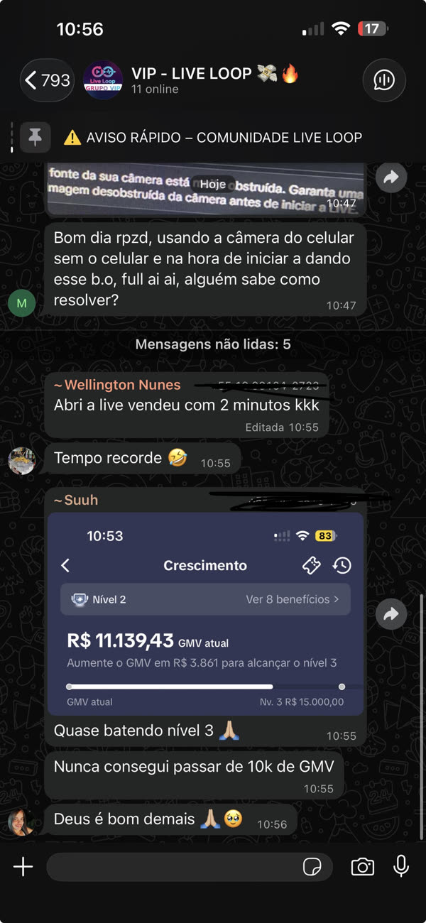 Painel Crescimento com R$ 11.139,43 de GMV compartilhado no grupo VIP