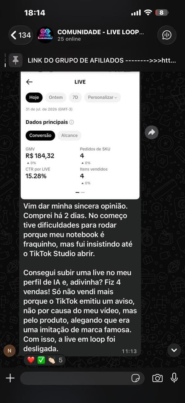 Depoimento de cliente com painel de R$ 184,32 e 4 vendas