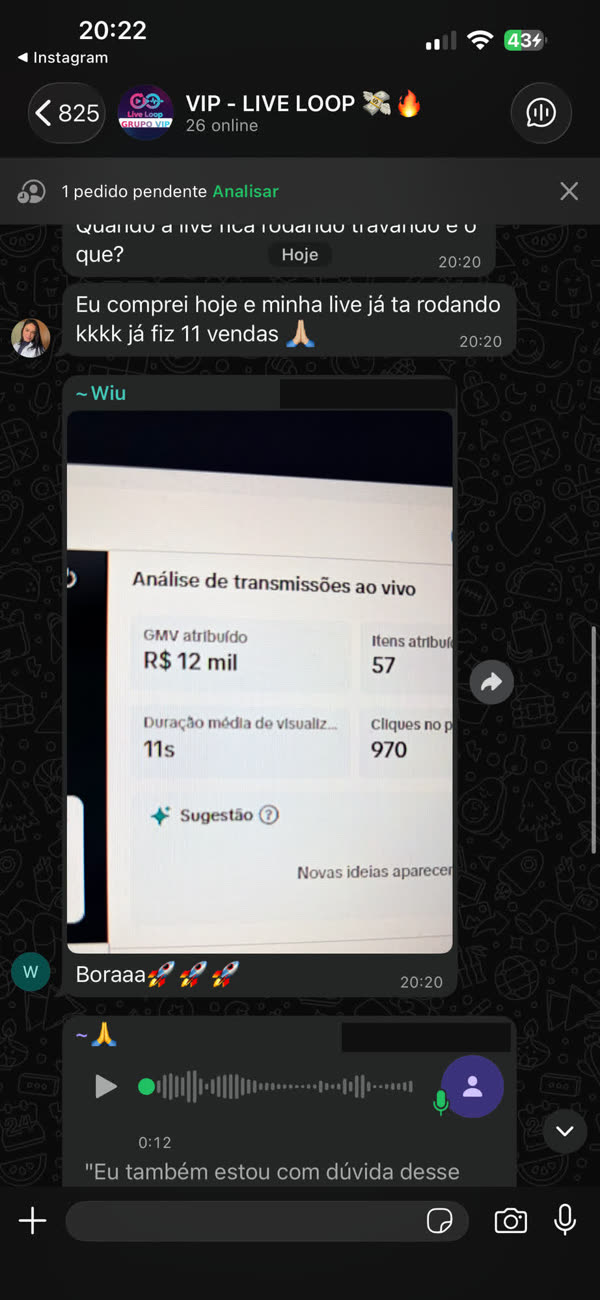 Print de live com R$ 12 mil de GMV e 57 itens atribuídos