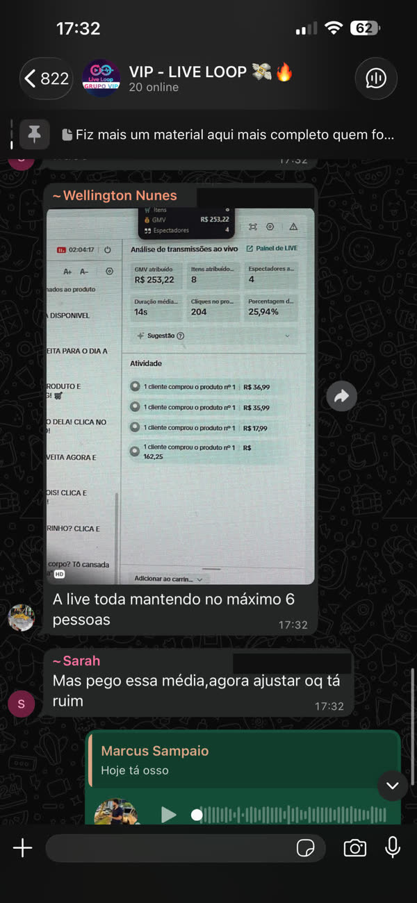 Painel de live com R$ 253,22 de GMV e 8 itens vendidos