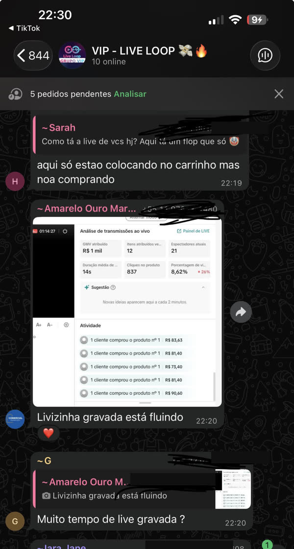 Painel de live gravada com R$ 1 mil de GMV e 21 espectadores