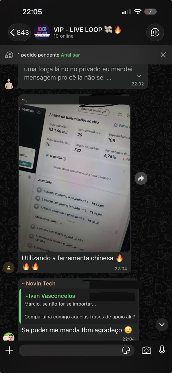 Painel de live com R$ 1,68 mil de GMV e 26 itens