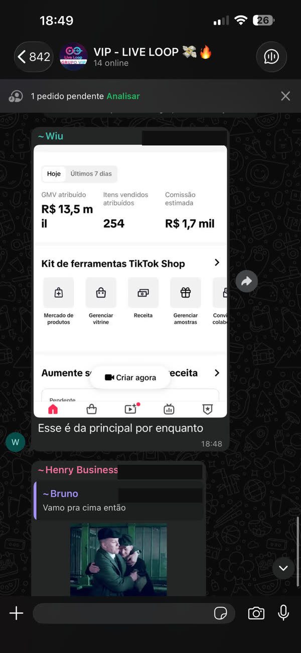 Painel do TikTok Shop com R$ 13,5 mil de GMV e 254 itens vendidos