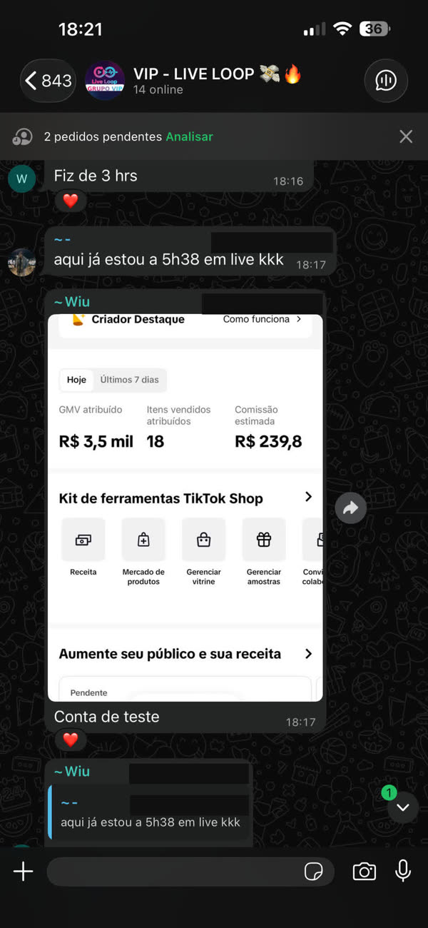 Painel com R$ 3,5 mil de GMV em conta de teste