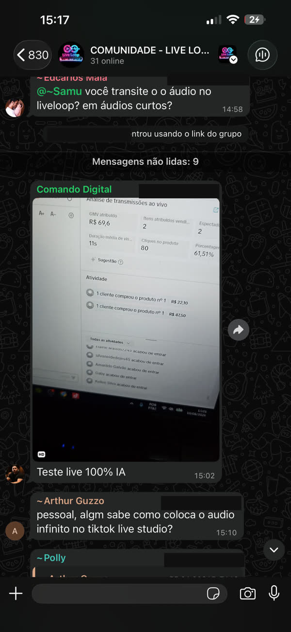 Print de teste de live 100% com IA usando o Live Loop