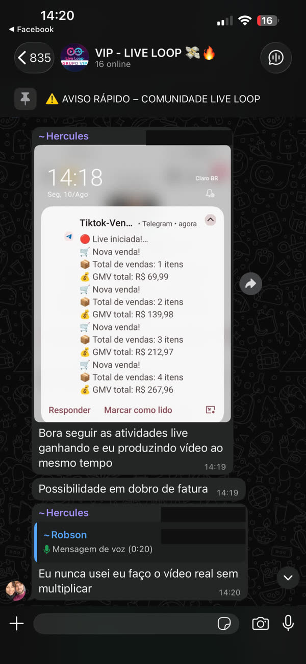 Notificacoes de venda do Live Loop na tela de bloqueio do celular